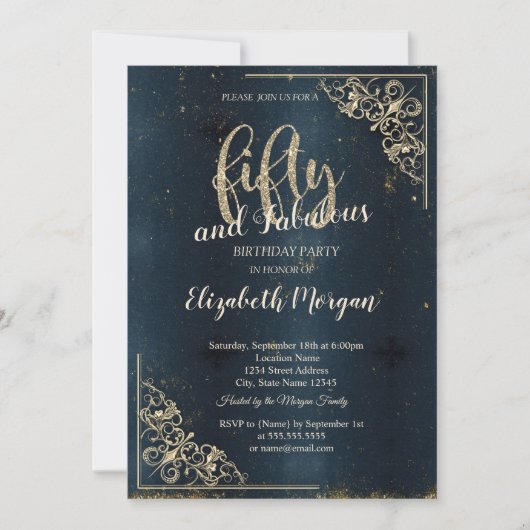 Elegant Gold Lijst Dark Blue 50th Birthday Kaart (Voorkant)