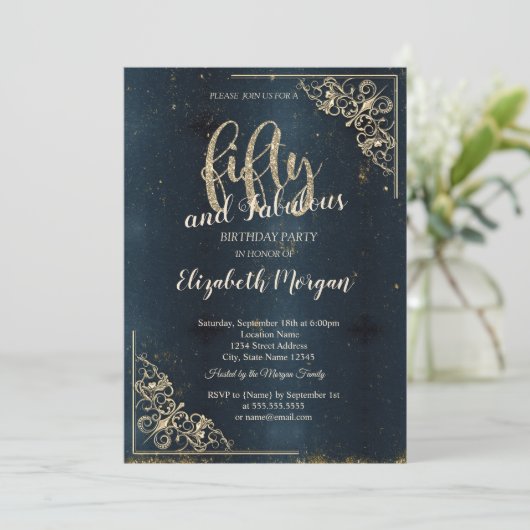 Elegant Gold Lijst Dark Blue 50th Birthday Kaart (Staand voorkant)