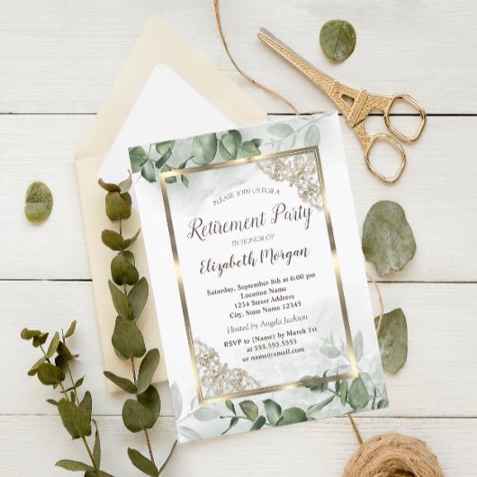 Elegant Gold Lijst, Eucalyptus Greenery Retirement Kaart