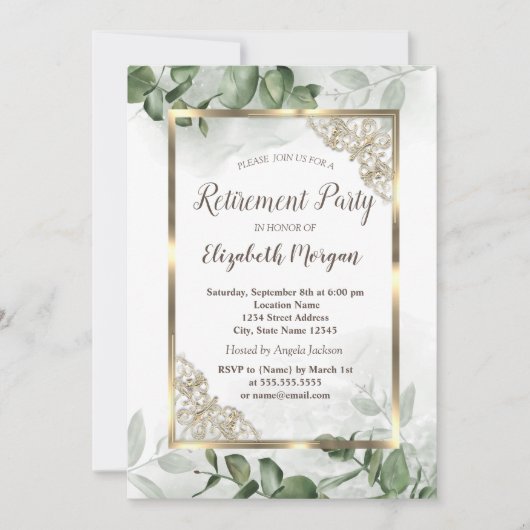 Elegant Gold Lijst, Eucalyptus Greenery Retirement Kaart (Voorkant)