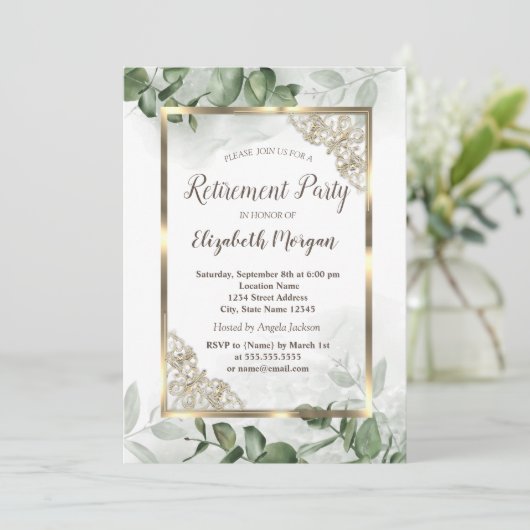 Elegant Gold Lijst, Eucalyptus Greenery Retirement Kaart (Staand voorkant)