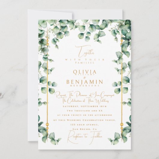 Elegant Gold Lijst & Eucalyptus greenery Wedding Kaart (Voorkant)