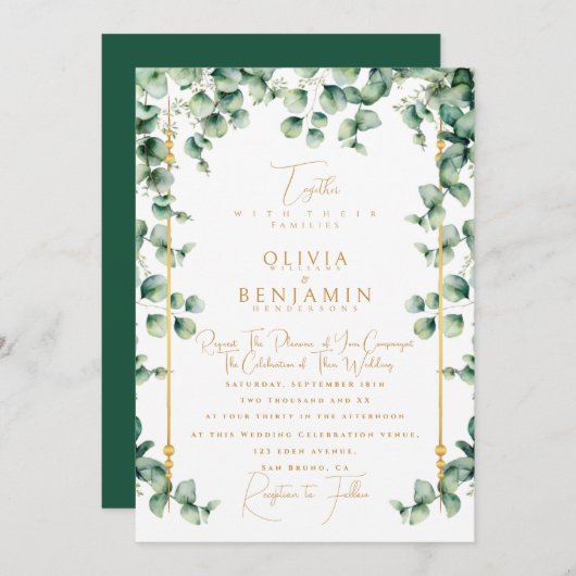 Elegant Gold Lijst & Eucalyptus greenery Wedding Kaart (Voorkant / Achterkant)