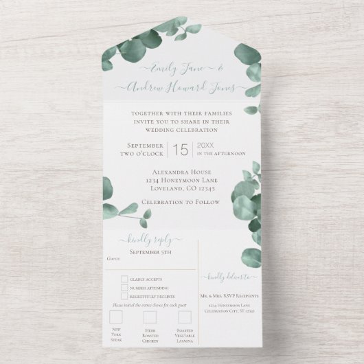 Elegant Gold Lijst Eucalyptus Wreath Weddenschap All In One Uitnodiging (Binnen)