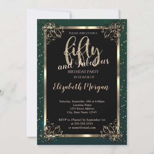 Elegant Gold Lijst, Green 50th Birthday Party Kaart (Voorkant)