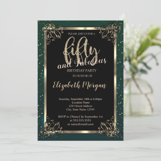 Elegant Gold Lijst, Green 50th Birthday Party Kaart (Staand voorkant)