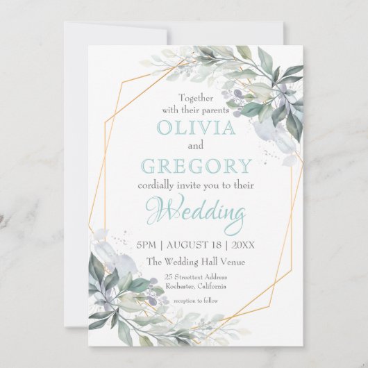 Elegant Gold Lijst Greenery Dusty Blue Wedding Kaart (Voorkant)