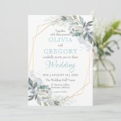 Elegant Gold Lijst Greenery Dusty Blue Wedding Kaart (Staand voorkant)