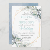 Elegant Gold Lijst Greenery Dusty Blue Wedding Kaart (Voorkant / Achterkant)