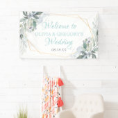 Elegant Gold Lijst Greenery Dusty Blue Wedding Spandoek (Insitu)