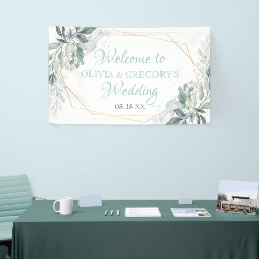 Elegant Gold Lijst Greenery Dusty Blue Wedding Spandoek (Beurs)