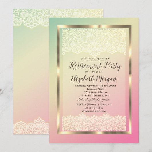 Elegant Gold Lijst Lace Ombre Retirement Party Kaart (Voorkant / Achterkant)