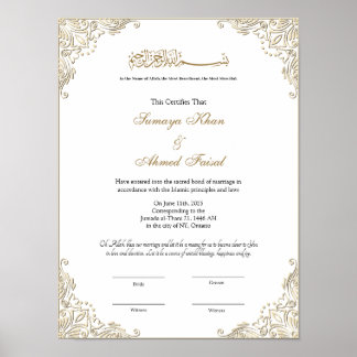 Elegant gold lijst Muslim nikkah certificate Poster