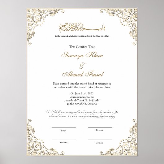 Elegant gold lijst Muslim nikkah certificate Poster (Voorkant)