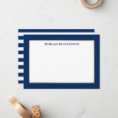 Elegant Gold Lijst Navy Blue Striped Notitiekaartje (Voorkant / Achterkant in situ)