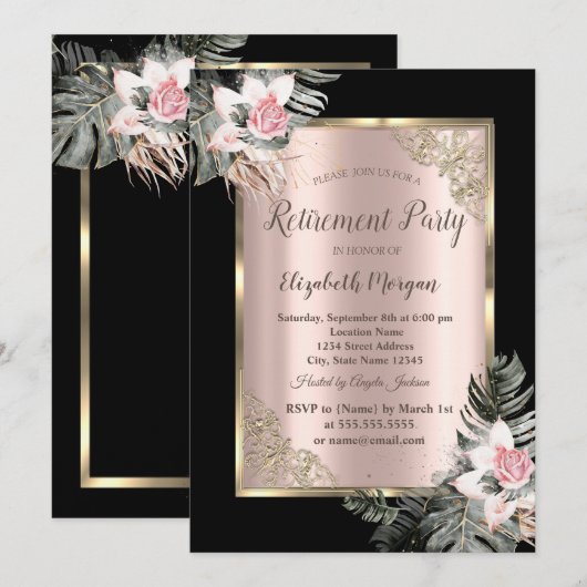 Elegant Gold Lijst, Palm Leaves Rozen Retirement Kaart (Voorkant / Achterkant)