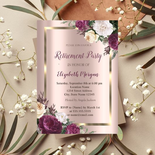 Elegant Gold Lijst, Roos Gold Burgundy Retirement Kaart