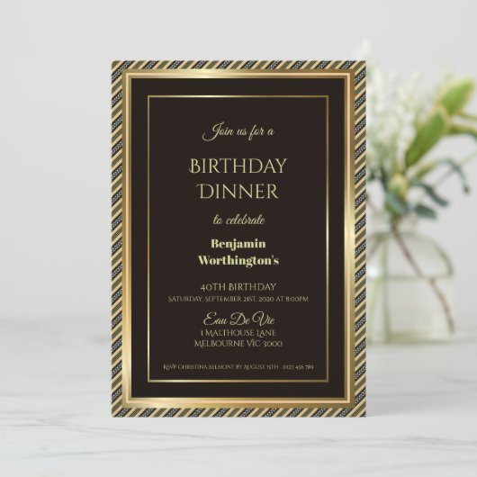 Elegant Gold Lijst Striped 40th Birthday Dinner Kaart (Staand voorkant)