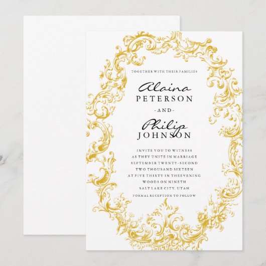 Elegant Gold Lijst Wedding Invitation Sjabloon Kaart (Voorkant / Achterkant)