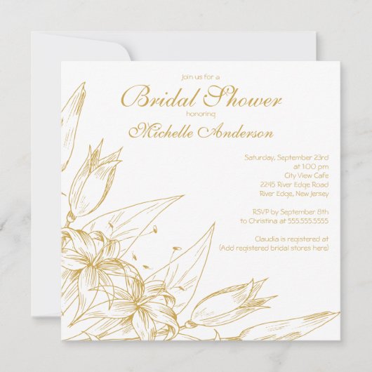 Elegant gold Lily Flower Bridal Shower Invitation Kaart (Voorkant)