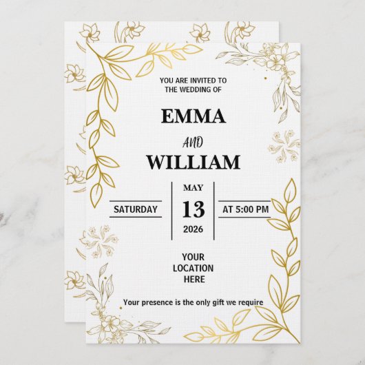 Elegant Gold Line Art Floral Frame Kaart (Voorkant / Achterkant)