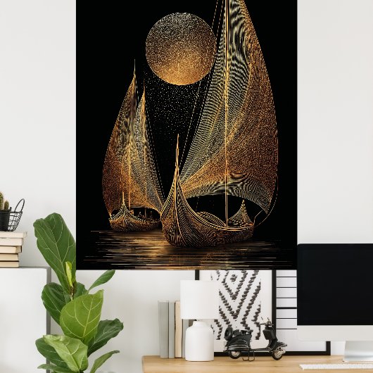 Elegant Gold Line Art Illustration of Longships Poster (Thuiskantoor)