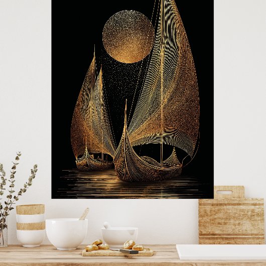 Elegant Gold Line Art Illustration of Longships Poster (Keuken)