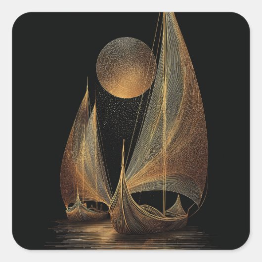 Elegant Gold Line Art Illustration of Longships Vierkante Sticker (Voorkant)