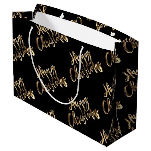 Elegant Gold look Script Black Happy Kerstmis Groot Cadeauzakje (Achterkant Gekanteld)