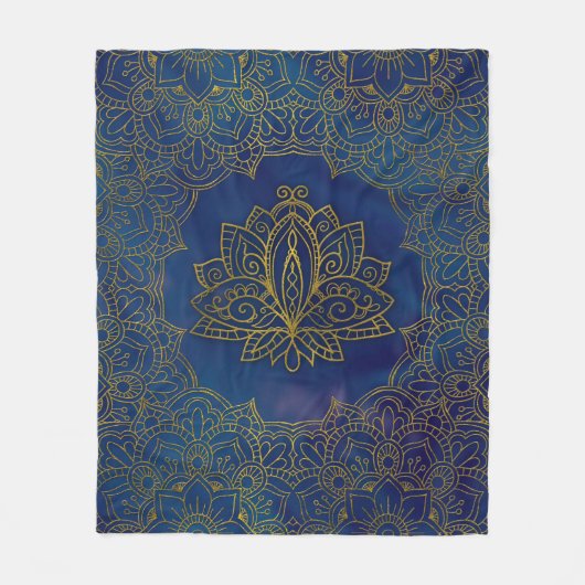 Elegant Gold Lotus flower op blauw Fleece Deken (Voorkant)