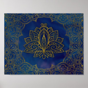Elegant Gold Lotus flower op blauw Poster