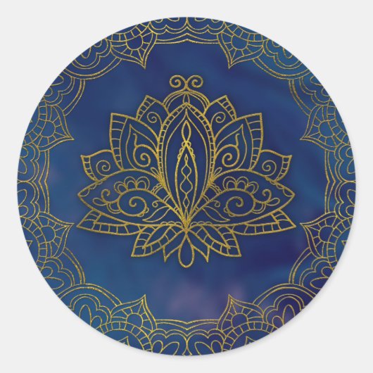 Elegant Gold Lotus flower op blauw Ronde Sticker (Voorkant)