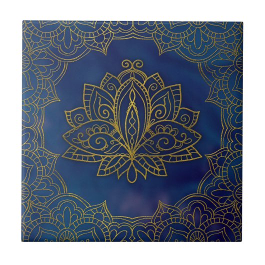Elegant Gold Lotus flower op blauw Tegeltje (Voorkant)