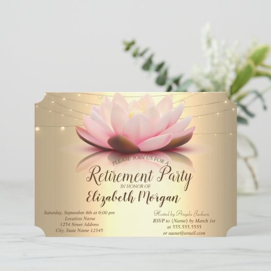 Elegant Gold Lotus String Lights Retirement Party Kaart (Staand voorkant)