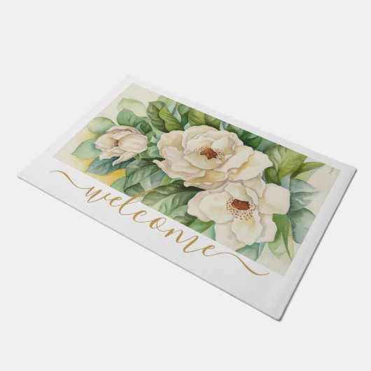 Elegant Gold Magnolia Floral Welcome Script Deurmat (Schuin)