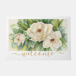 Elegant Gold Magnolia Floral Welcome Script Deurmat