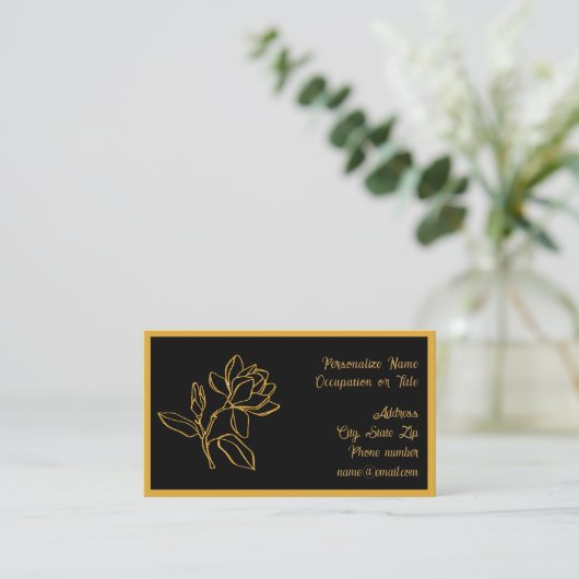 Elegant Gold Magnolia Flower Black BG Chic Visitekaartje (Staand voorkant)