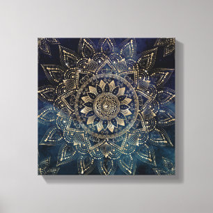 Elegant Gold Mandala Blue Galaxy Design Canvas Afdruk