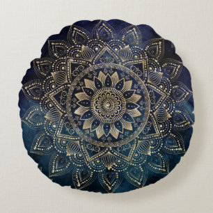 Elegant Gold Mandala Blue Galaxy Design Rond Kussen