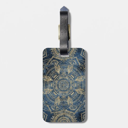 Elegant Gold Mandala Blue Whimsy Design Bagagelabel (Achterkant verticaal)