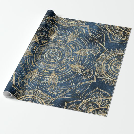 Elegant Gold Mandala Blue Whimsy Design Cadeaupapier (Uitgerold)