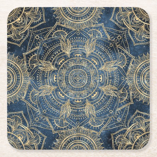 Elegant Gold Mandala Blue Whimsy Design Kartonnen Onderzetters (Voorkant)