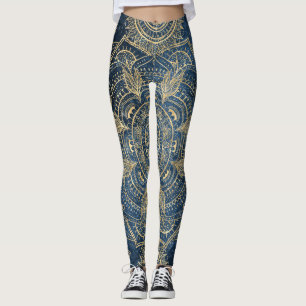 Elegant Gold Mandala Blue Whimsy Design Leggings
