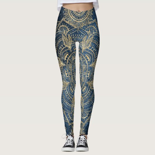 Elegant Gold Mandala Blue Whimsy Design Leggings (Voorkant)