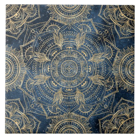 Elegant Gold Mandala Blue Whimsy Design Tegeltje (Voorkant)
