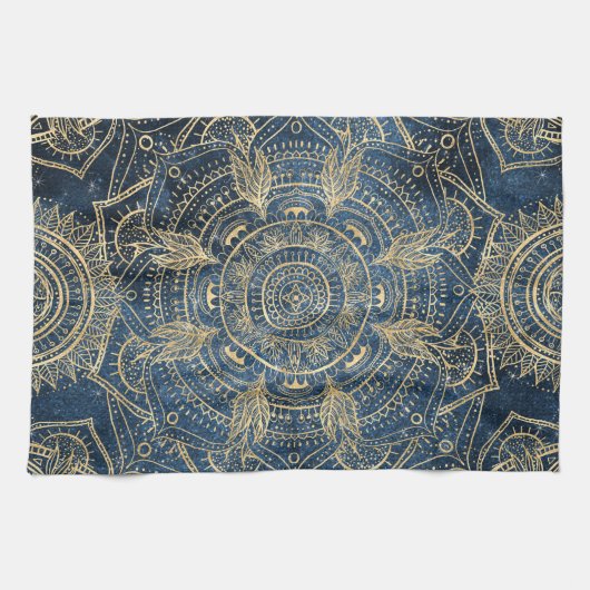 Elegant Gold Mandala Blue Whimsy Design Theedoek (Horizontaal)