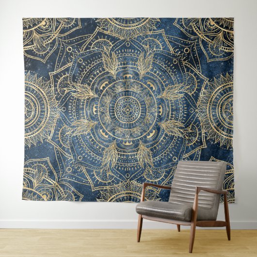Elegant Gold Mandala Blue Whimsy Design Wandkleed (In Situ (horizontaal))