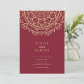Elegant Gold Mandala Dark Red Indian Wedding Kaart (Staand voorkant)