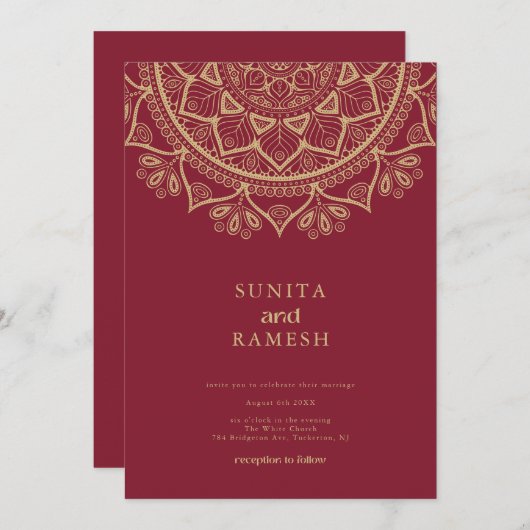 Elegant Gold Mandala Dark Red Indian Wedding Kaart (Voorkant / Achterkant)