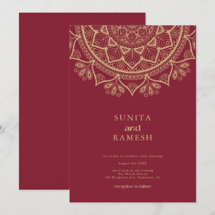 Elegant Gold Mandala Dark Red Indian Wedding Kaart